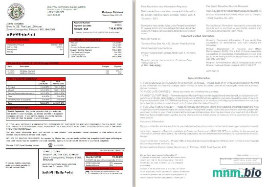 Bhutan Bank Narodowy wyciąg z kredytu hipotecznego, 2 strony, 1-2